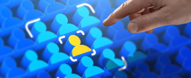 Graphic showing a hiring manager choosing a candidate. The image represents the concept of skills-based hiring.