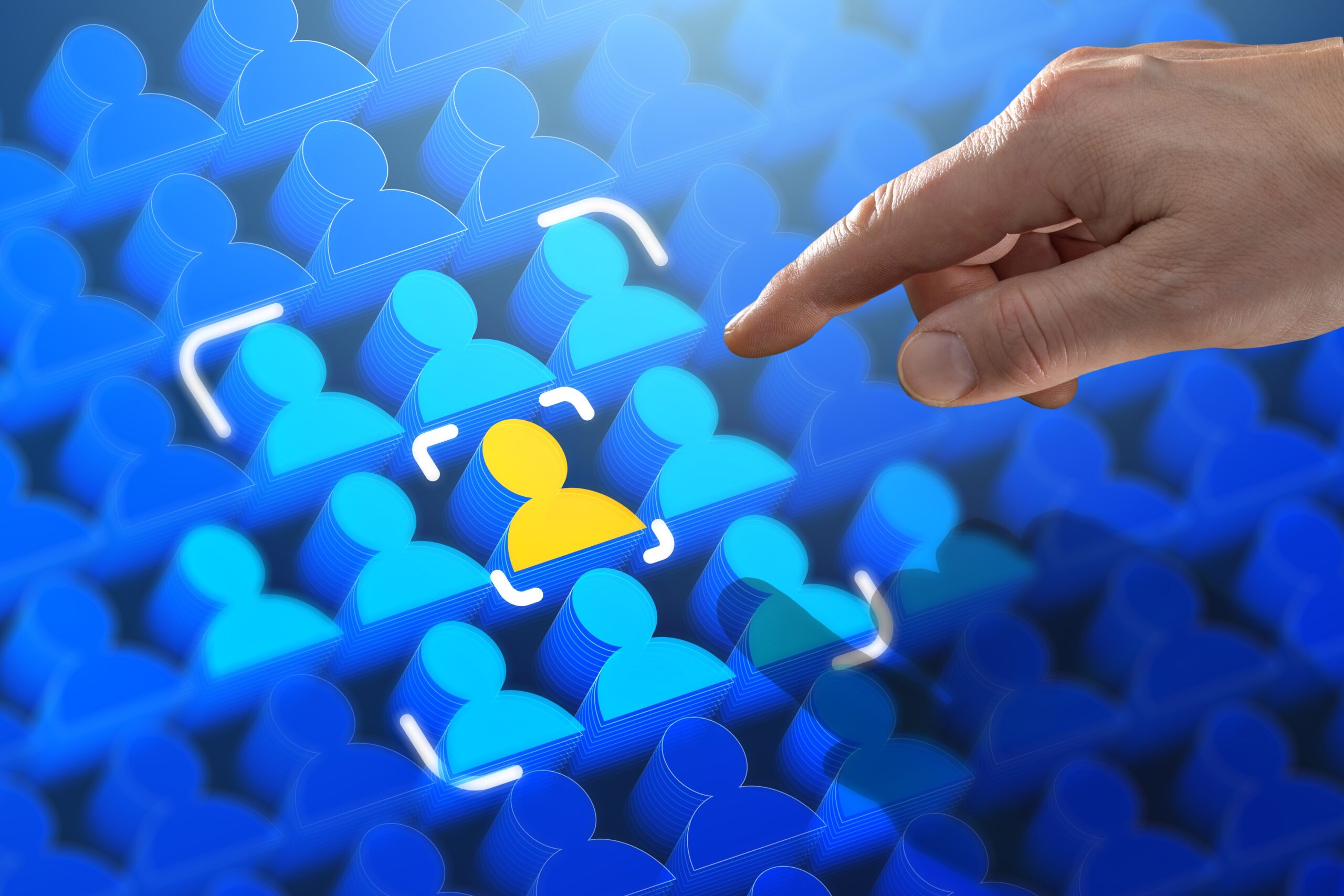 Graphic showing a hiring manager choosing a candidate. The image represents the concept of skills-based hiring.