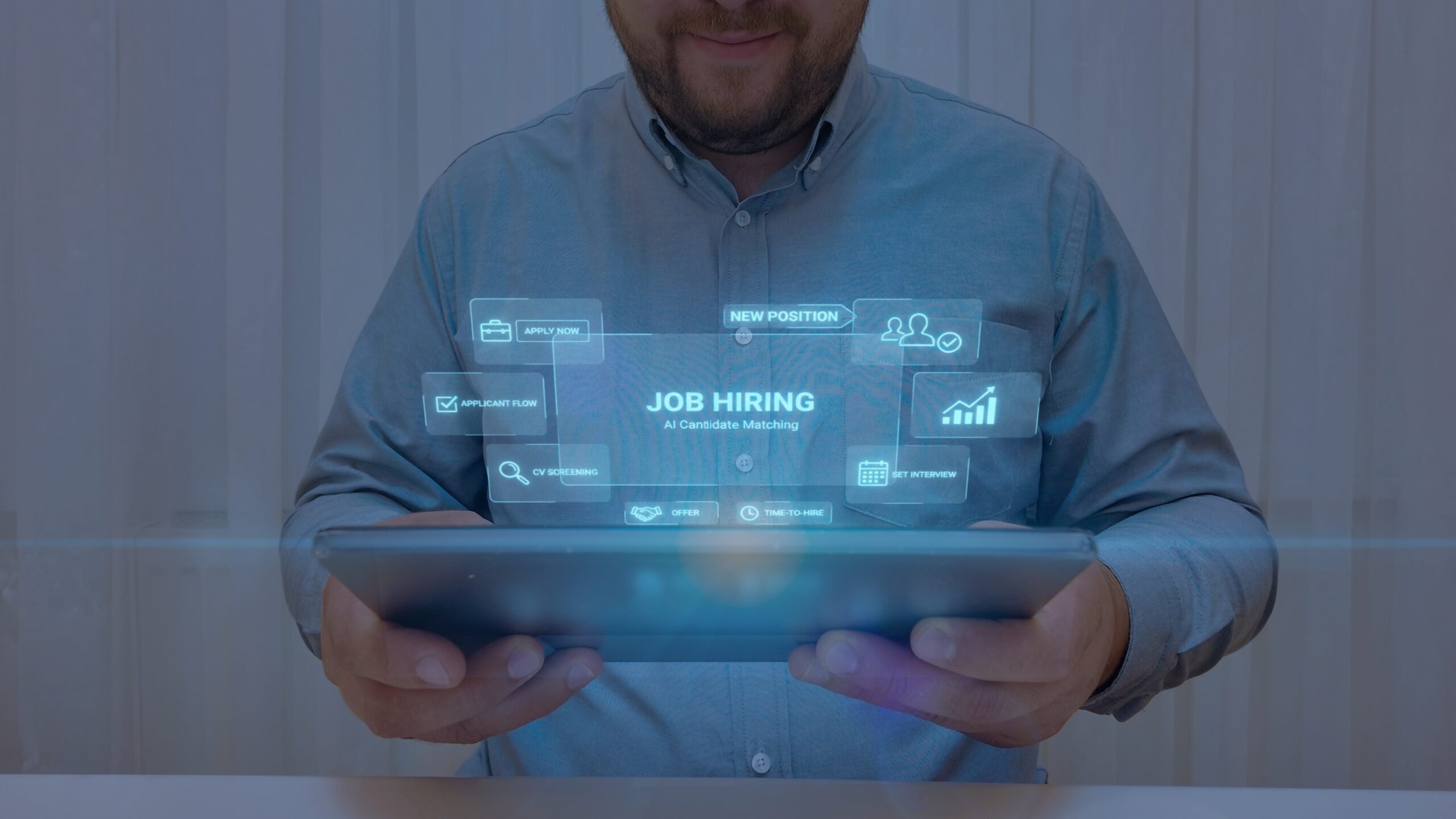 HR Manager Using a Tablet with a Virtual Interface for the AI Job Hiring and Recruitment Process
